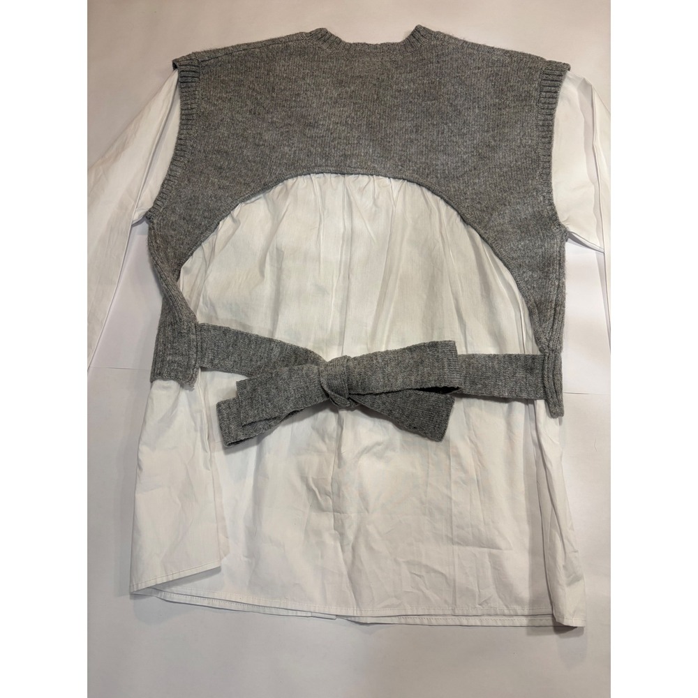 NEW VICI Grey Knit Sweater Vest White Button Down Layered Tie Back Top Small - Picture 8 of 13